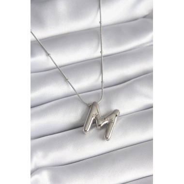 316L Çelik Gümüş Renk Bubble M Harf Model Kadın Kolye