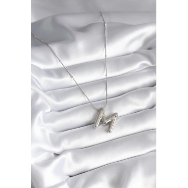 316L Çelik Gümüş Renk Bubble M Harf Model Kadın Kolye