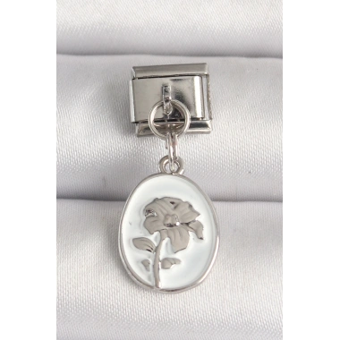 316L Çelik Gümüş Renk Çiçek İşlemeli Beyaz Portre Model Nomination Charm