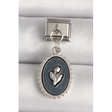 316L Çelik Gümüş Renk Çiçek İşlemeli Siyah Portre Model Nomination Charm