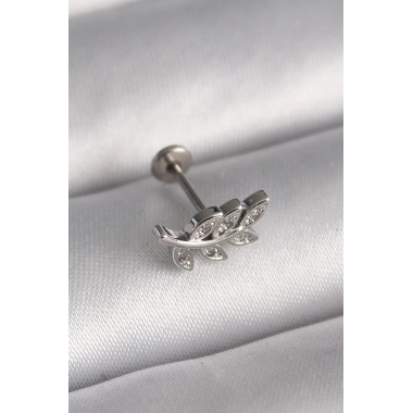316L Çelik Gümüş Renk Dal Model Zirkon Taş Detaylı Tragus Piercing