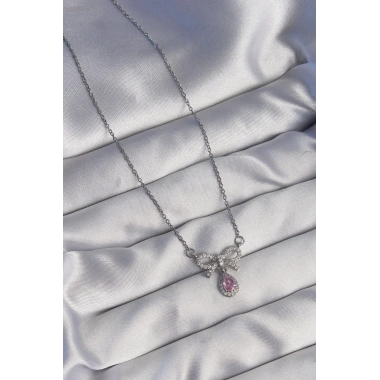 316L Çelik Gümüş Renk Fiyonk Detay Pembe Zirkon Taşlı Damla Kolye