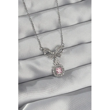 316L Çelik Gümüş Renk Fiyonk Detay Pembe Zirkon Taşlı Tektaş Kolye