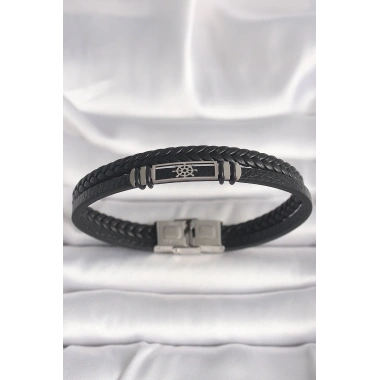 316L Çelik Gümüş Renk Gemi Dümeni Figür Siyah Burgu Deri Kordon Model Erkek Bileklik