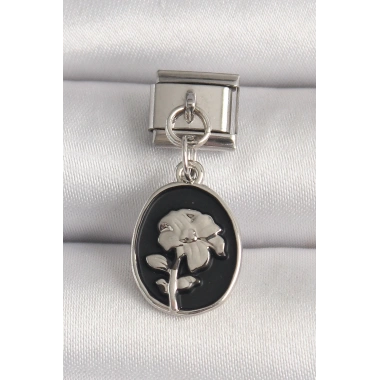 316L Çelik Gümüş Renk Gümüş Çiçek İşlemeli Siyah Portre Model Nomination Charm