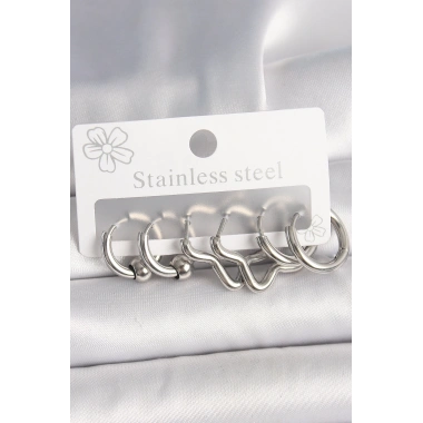 316L Çelik Gümüş Renk Halka Yıldız Model Kadın Küpe Seti