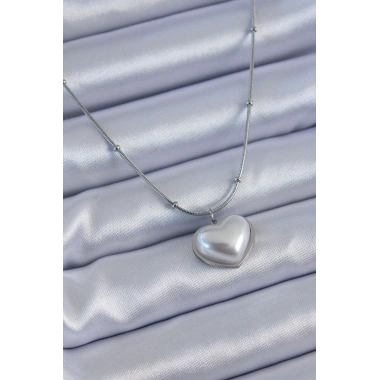 316L Çelik Gümüş Renk İncili Kalp Model Minimal Top Detay Kadın Kolye