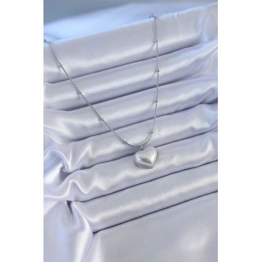 316L Çelik Gümüş Renk İncili Kalp Model Minimal Top Detay Kadın Kolye