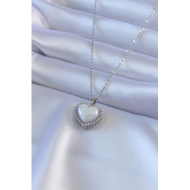 316L Çelik Gümüş Renk İncili Kalp Model Zirkon Taşlı Kadın Kolye