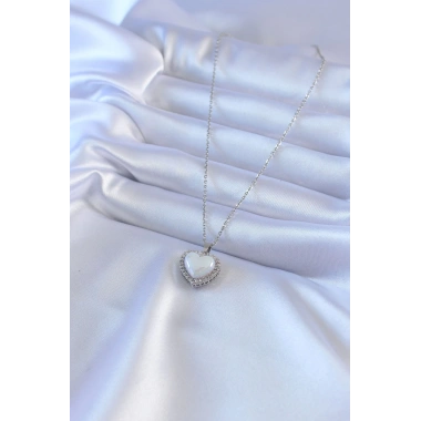 316L Çelik Gümüş Renk İncili Kalp Model Zirkon Taşlı Kadın Kolye