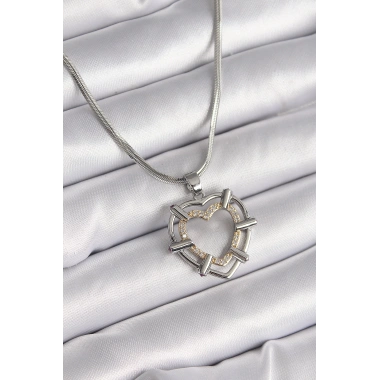316L Çelik Gümüş Renk İtalyan Zincir Mix Renk Zirkon Taş Detay Kalp Model Kadın Kolye