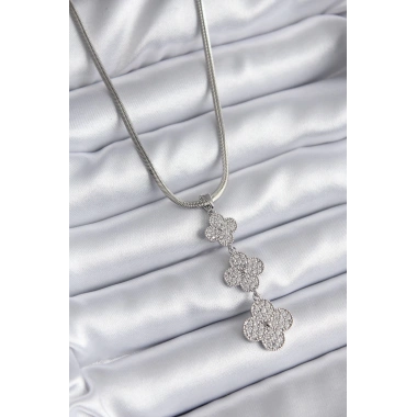 316L Çelik Gümüş Renk İtalyan Zincir Zirkon Taşı Yonca Model Kadın Kolye