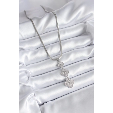 316L Çelik Gümüş Renk İtalyan Zincir Zirkon Taşı Yonca Model Kadın Kolye