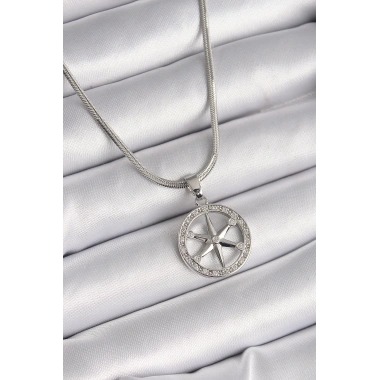 316L Çelik Gümüş Renk İtalyan Zincir Zirkon Taşlı Kutup Yıldız Model Kadın Kolye