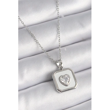 316L Çelik Gümüş Renk Kare Madalyon Kalp Zirkon Taş İşleme Kadın Kolye