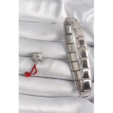 316L Çelik Gümüş Renk Kırmızı Nota Model Nomination Charm