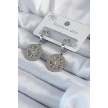 316L Çelik Gümüş Renk Kutup Yıldızı Model Zirkon Taş İşleme Detay Kadın Küpe