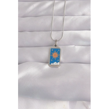 316L Çelik Gümüş Renk Mavi Mineli Güneş Model Tarot Kolye