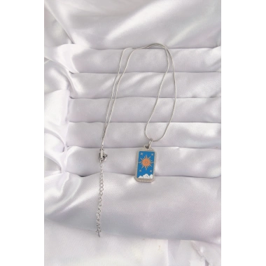 316L Çelik Gümüş Renk Mavi Mineli Güneş Model Tarot Kolye