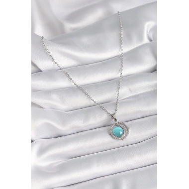 316L Çelik Gümüş Renk Mavi Sedefli Hilal Model Kadın Kolye