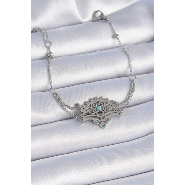 316L Çelik Gümüş Renk Mavi Taşlı Etnik Desen Kadın Bileklik