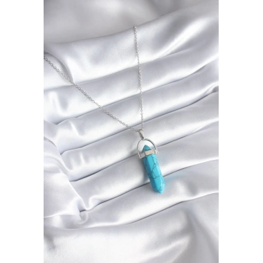316L Çelik Gümüş Renk Mavi Taşlı Model Kadın Kolye