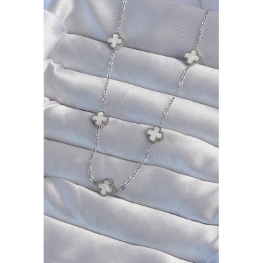 316L Çelik Gümüş Renk Minimal Beyaz Sedefli Yonca Kolye