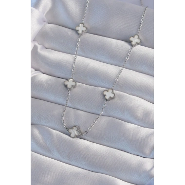 316L Çelik Gümüş Renk Minimal Beyaz Sedefli Yonca Kolye