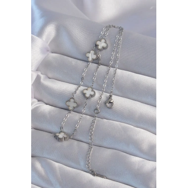 316L Çelik Gümüş Renk Minimal Beyaz Sedefli Yonca Kolye