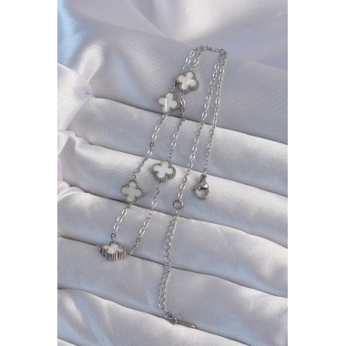 316L Çelik Gümüş Renk Minimal Beyaz Sedefli Yonca Kolye