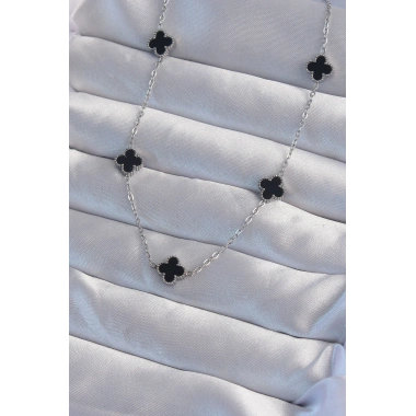 316L Çelik Gümüş Renk Minimal Siyah Mineli Yonca Kolye