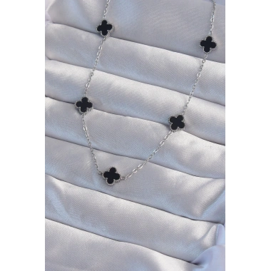 316L Çelik Gümüş Renk Minimal Siyah Mineli Yonca Kolye