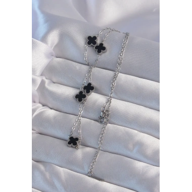 316L Çelik Gümüş Renk Minimal Siyah Mineli Yonca Kolye