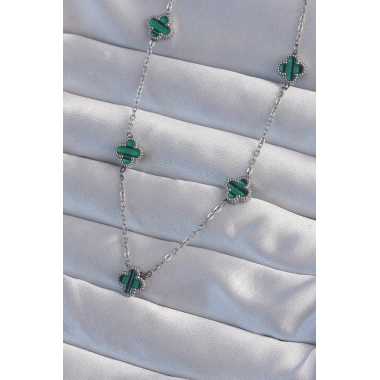 316L Çelik Gümüş Renk Minimal Yeşil Mineli Yonca Kolye