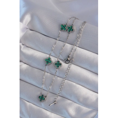 316L Çelik Gümüş Renk Minimal Yeşil Mineli Yonca Kolye