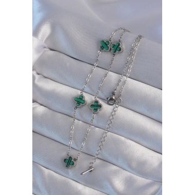 316L Çelik Gümüş Renk Minimal Yeşil Mineli Yonca Kolye