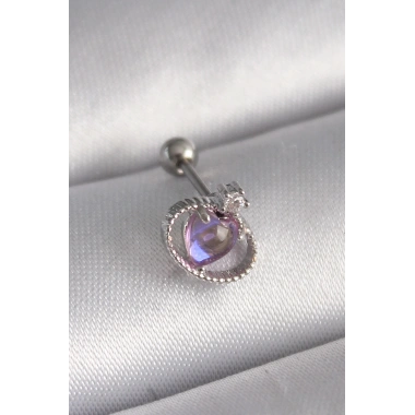 316L Çelik Gümüş Renk Mor Mineli Kalp Zirkon Taş Detay Tragus Piercing