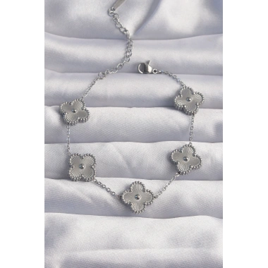 316L Çelik Gümüş Renk Motifli Yonca Bileklik