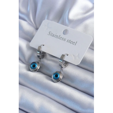 316L Çelik Gümüş Renk Nazar Boncuk Model Kadın Küpe