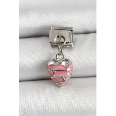 316L Çelik Gümüş Renk Pembe Kalp Model Nomination Charm