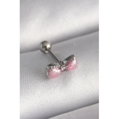 316L Çelik Gümüş Renk Pembe Kurdele Zirkon Taş Detay Tragus Piercing