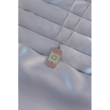 316L Çelik Gümüş Renk Pembe Mineli Ay Figür Tarot Kolye