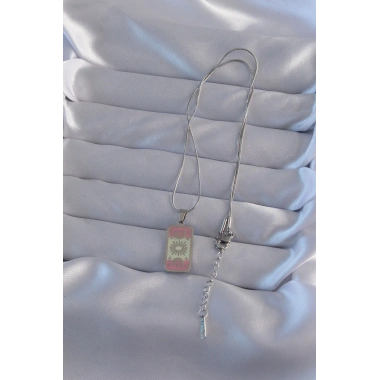 316L Çelik Gümüş Renk Pembe Mineli Ay Figür Tarot Kolye