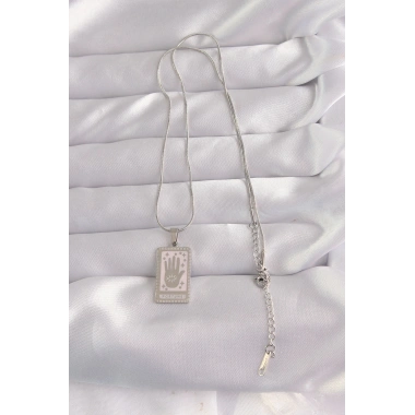 316L Çelik Gümüş Renk Pembe Mineli El Figür Tarot Kolye