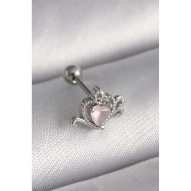 316L Çelik Gümüş Renk Pembe Mineli Kalp Zirkon Taş Detay Tragus Piercing