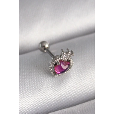 316L Çelik Gümüş Renk Pembe Mineli Kalp Zirkon Taş Detaylı Taç Tragus Piercing