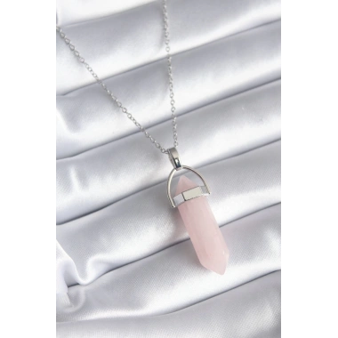 316L Çelik Gümüş Renk Pembe Taşlı Kadın Kolye