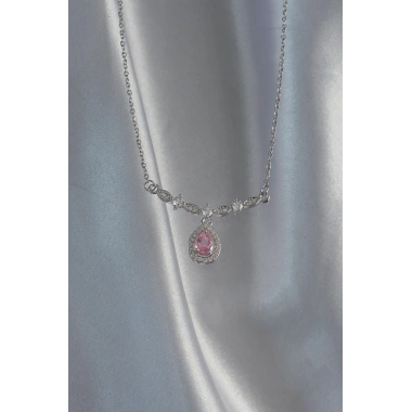 316L Çelik Gümüş Renk Pembe Zirkon Taşlı Damla Kolye