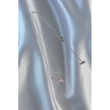 316L Çelik Gümüş Renk Pembe Zirkon Taşlı Damla Kolye