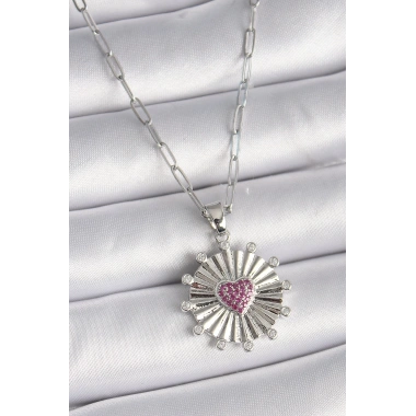 316L Çelik Gümüş Renk Pembe Zirkon Taşlı Kalp İşleme Madalyon Model Kadın Kolye